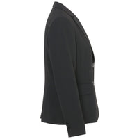 Side view of Busy Black Suit Jacket Blazer. It has long sleeves, mock buttons on the cuffs, pockets with flaps