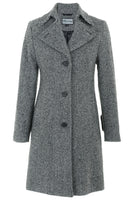 Front View of Busy Ladies Black and White Chevron Coat, Long Sleeves, Collar and 3 Buttons front fastening