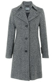 Front View of Busy Ladies Black and White Chevron Coat, Long Sleeves, Collar and 3 Buttons front fastening