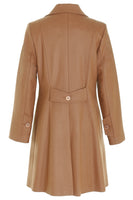 Back view of Busy Dark Camel Three Quarter Wool Blend Coat . This stylish coat has a half belt detail at the back and a mock button detail on the long sleeves 