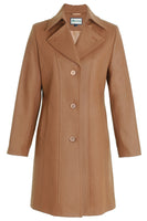 Busy Dark Camel Three Quarter Wool Blend Coat from the front side, it is a long sleeve coat with two front side pockets and buttons