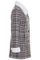 Busy Womens Check Wool Blend Coat with Faux Fur Collar