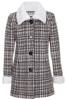 Busy Womens Check Wool Blend Coat with Faux Fur Collar